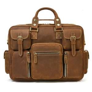 YANHUAKEKE Genuine Leather Multi-Pocket Business Travel Shoulder & Laptop Bag - Men’s Vintage Crazy Horse Leather Briefcase